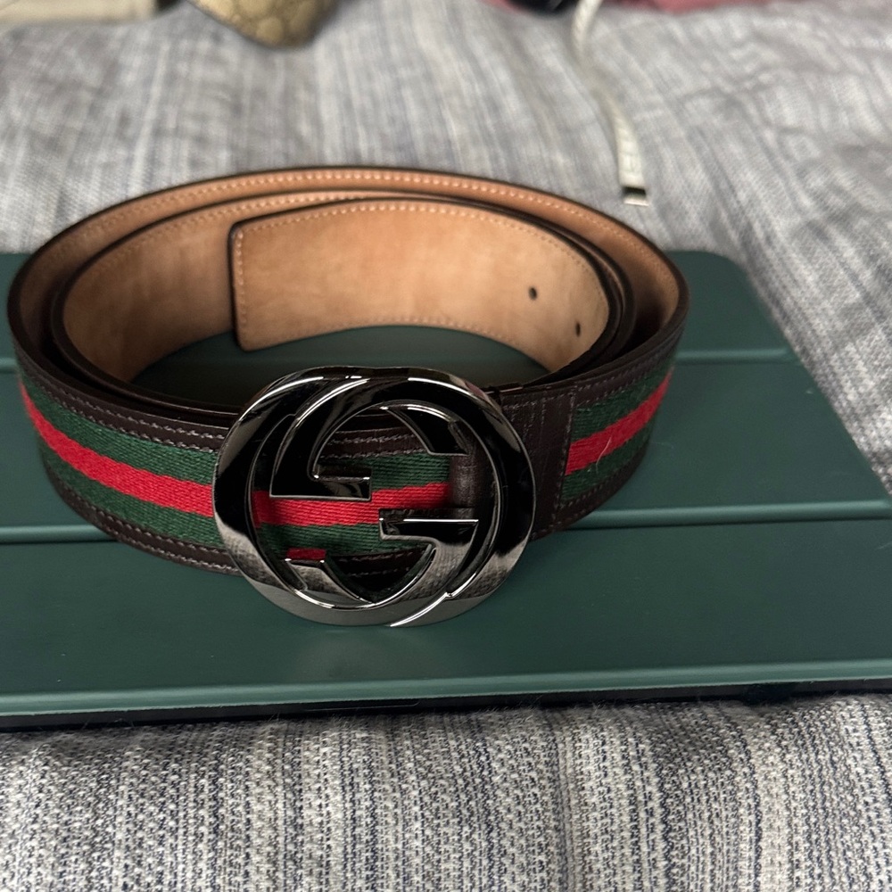 Gucci Black and Red Belt with Silver Buckle